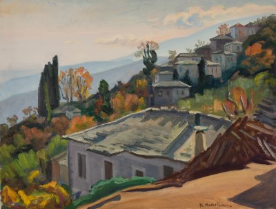 Zagora Evening, Looking Down (House Now Hidden) — Oil painting, Canvas, 50.00×65.00cm — Theodoros Markellos
